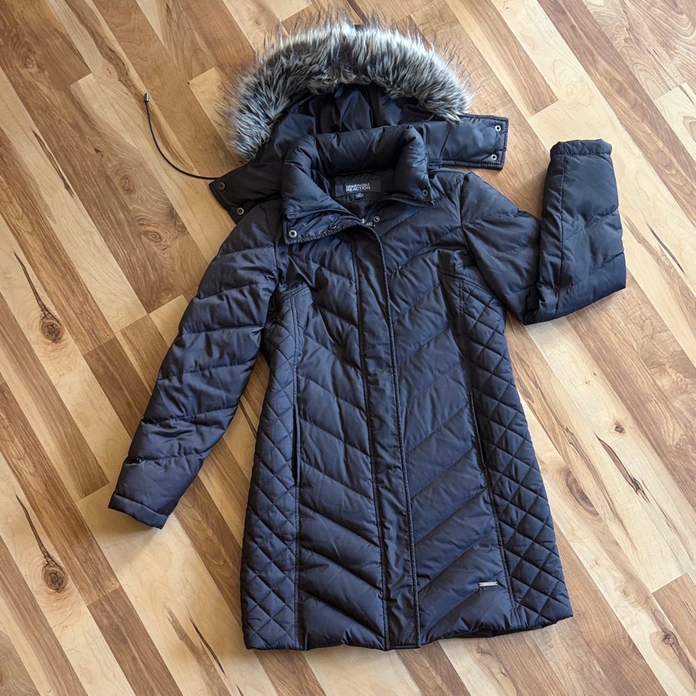 Kenneth Cole Reaction Black Quilted Coat with Faux Fur